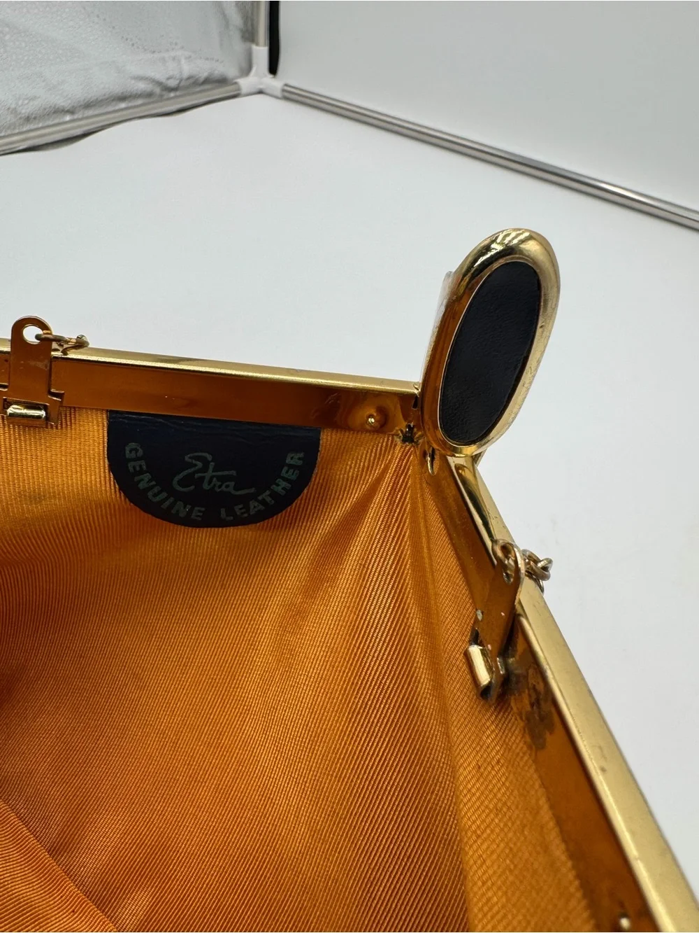 Vintage Etra Genuine Leather Navy Blue Clutch Purse Gold Chain Evening Bag